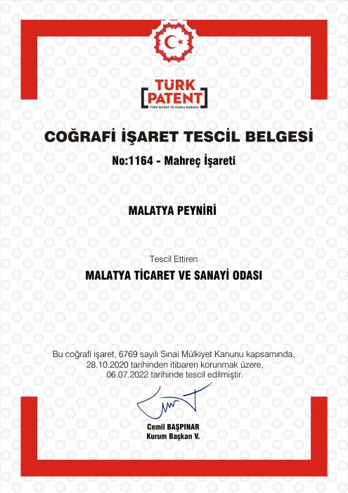 MALATYA PEYNİRİ ÇOĞRAFİ İŞARET TESCİL BELGESİ